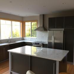 meubles de cuisine gris intermédiaire  avec des plans de travail en pierre naturelle et des encadrements de couleur argentée